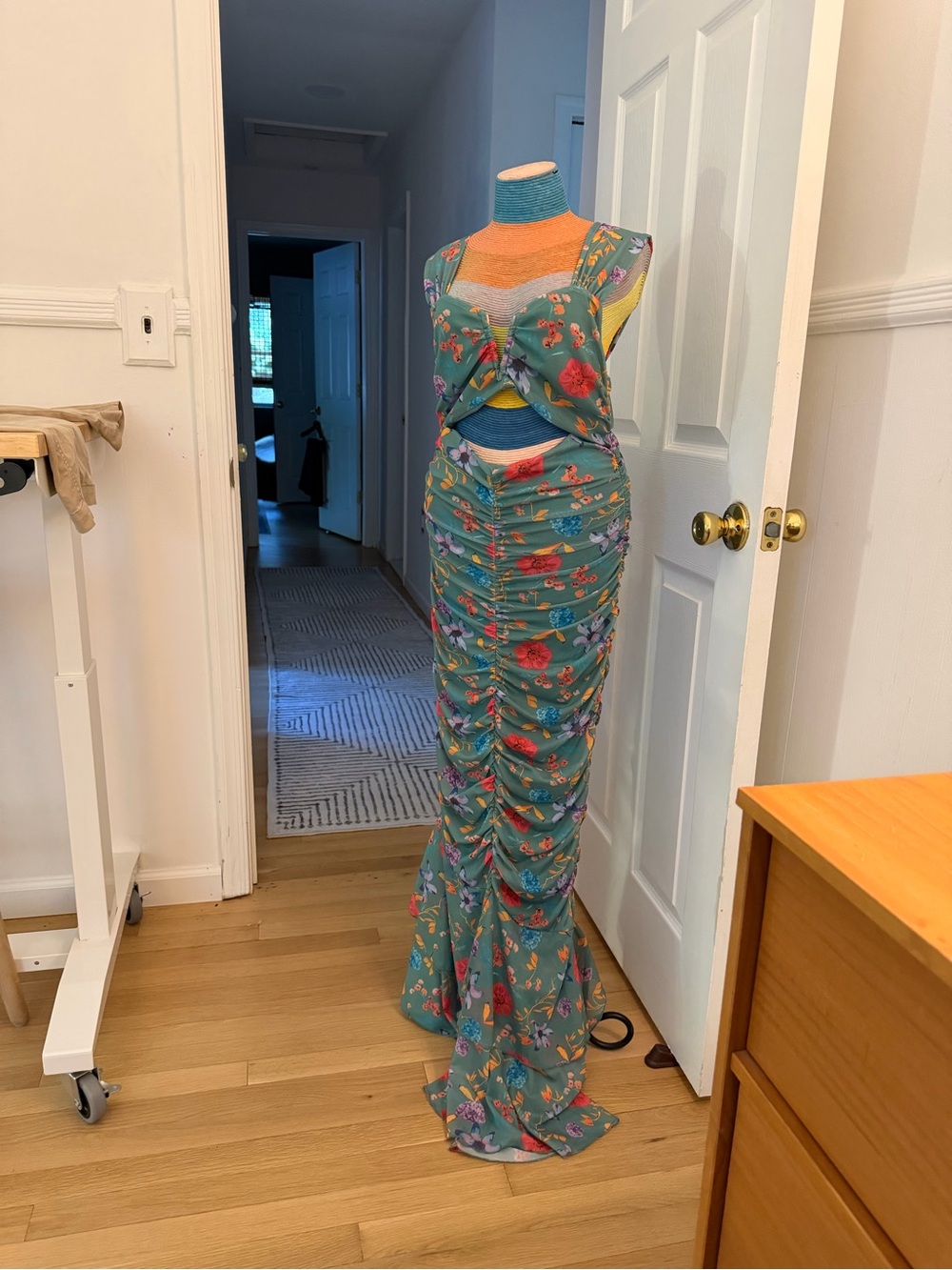 Green Floral Ruched Maxi Dress with Cutout Detail
